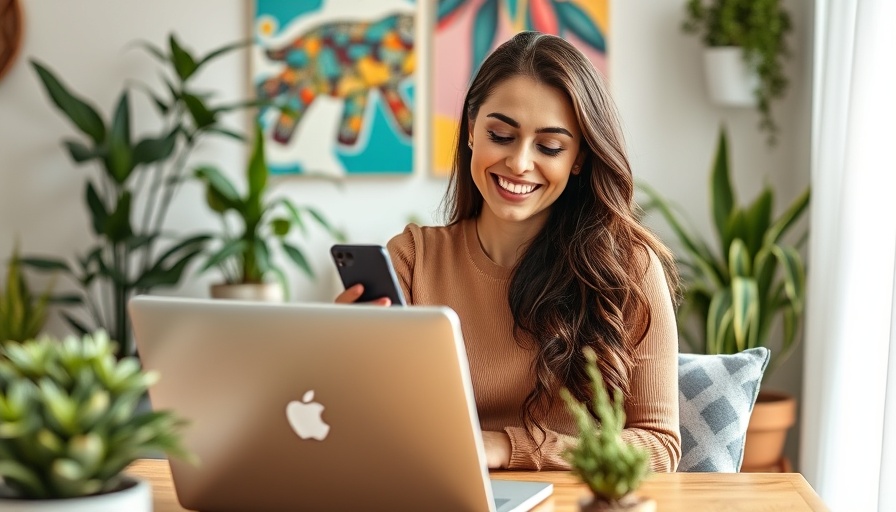 Smiling woman multitasking with laptop for business growth.