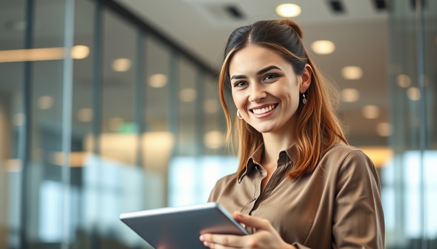 Confident professional woman smiling in office, using charisma techniques.