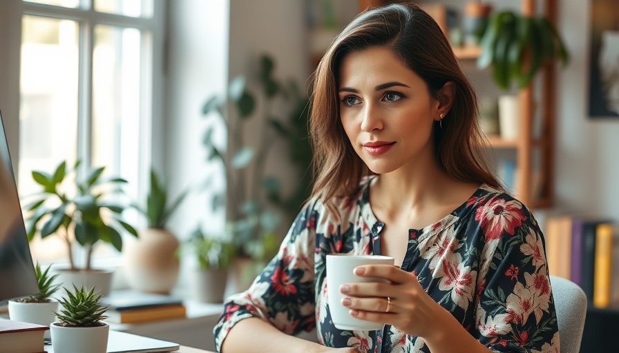 Thoughtful woman sipping coffee in cozy home office.