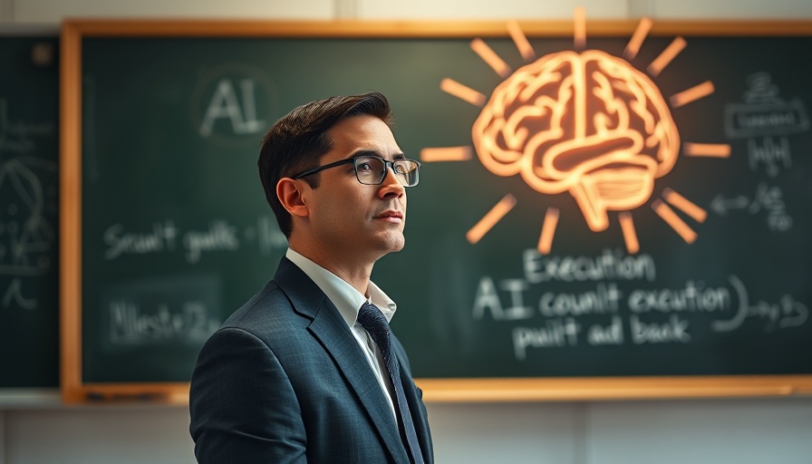 Execution Over Knowledge in the Age of AI: businessman before AI brain on chalkboard.
