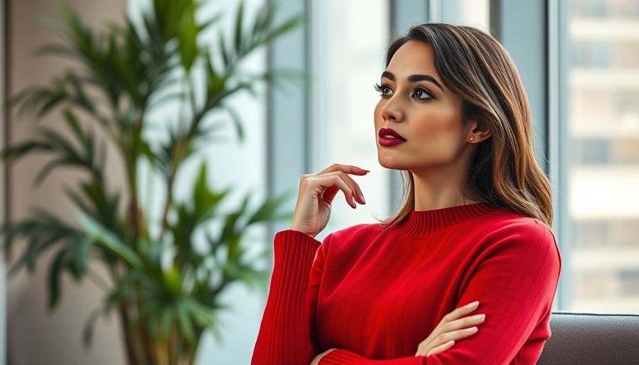 Stylish woman relaxing in a modern office setting, red sweater, soft light.