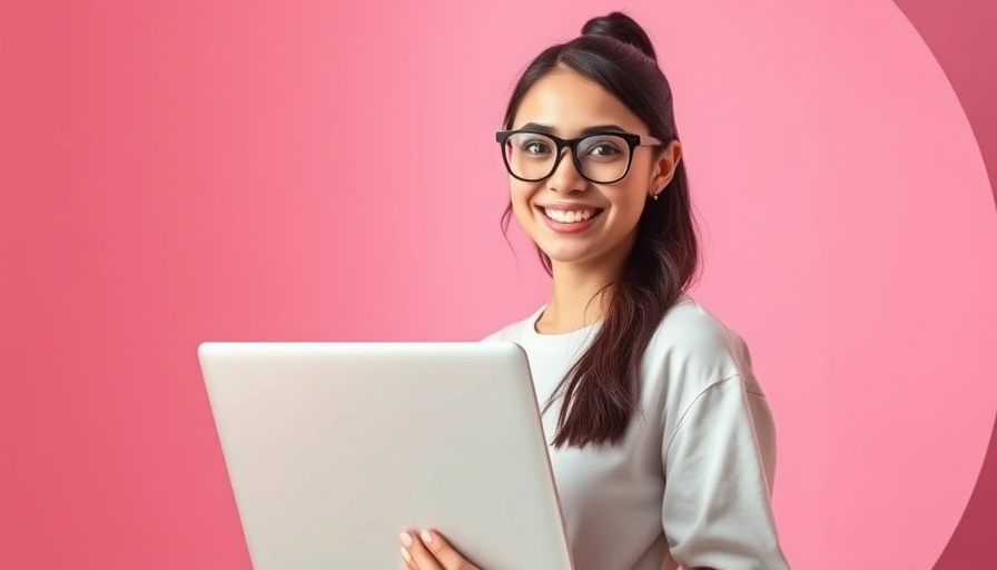 Young woman in orange sweater with laptop, smiling, related to social listening tools.