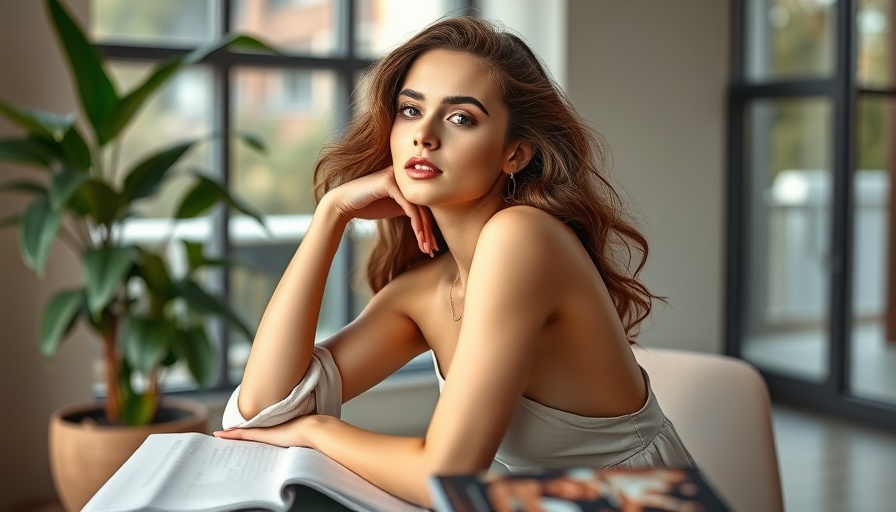 Woman in red dress on magazine cover, relaxing pose, vibrant colors.
