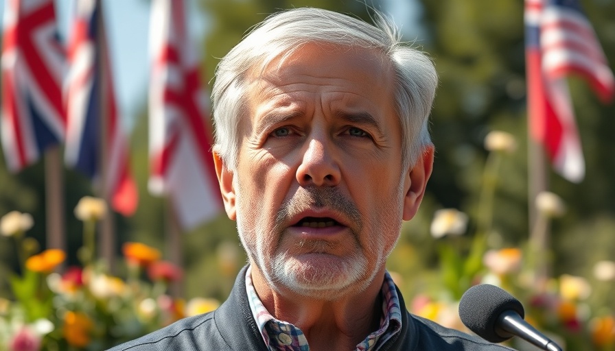 Public figure addressing audience outdoors, with flags in background, in natural light.