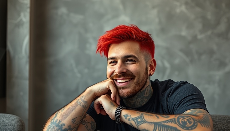 Vibrant red-haired man smiling against a gray backdrop.