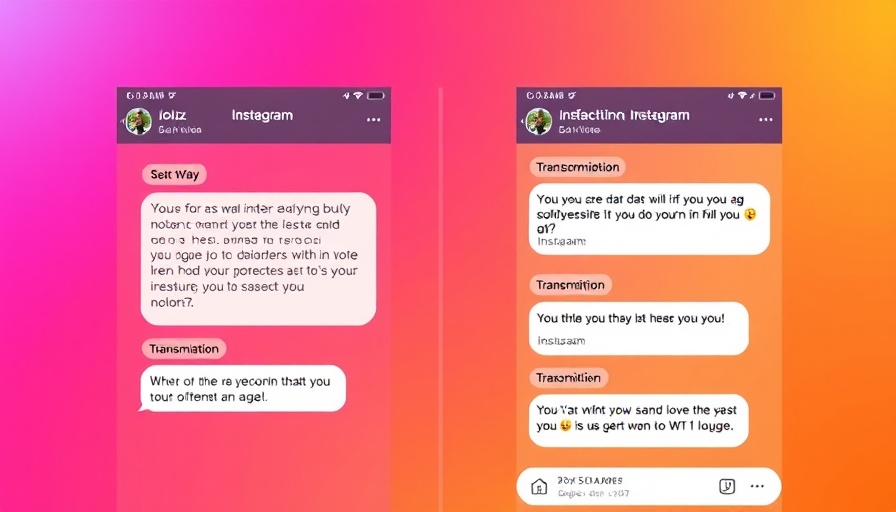 Instagram DM conversation with voice transcription feature displayed, vibrant gradient background.