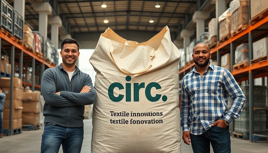 Men showcasing textile recycling innovation in a warehouse.