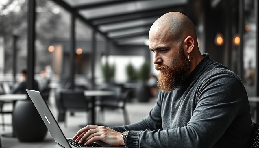 Monochrome image of man using laptop in luxury setting, luxury auto market emotional marketing.