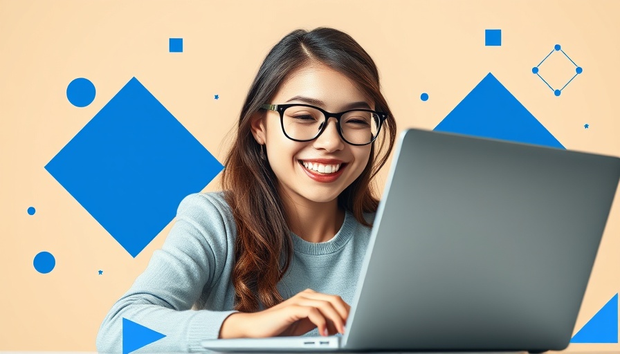Smiling young woman with laptop amidst digital graphics, online advertising success tips theme.