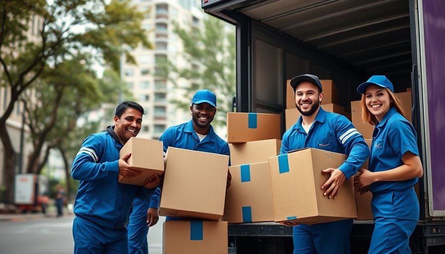 AI moving industry solutions depicted by workers loading boxes into a truck, blue uniforms.