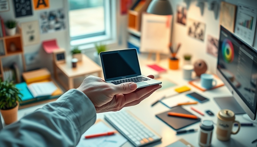 Creative workspace with surreal tiny laptop in hand, symbolizing multi-agent AI systems.