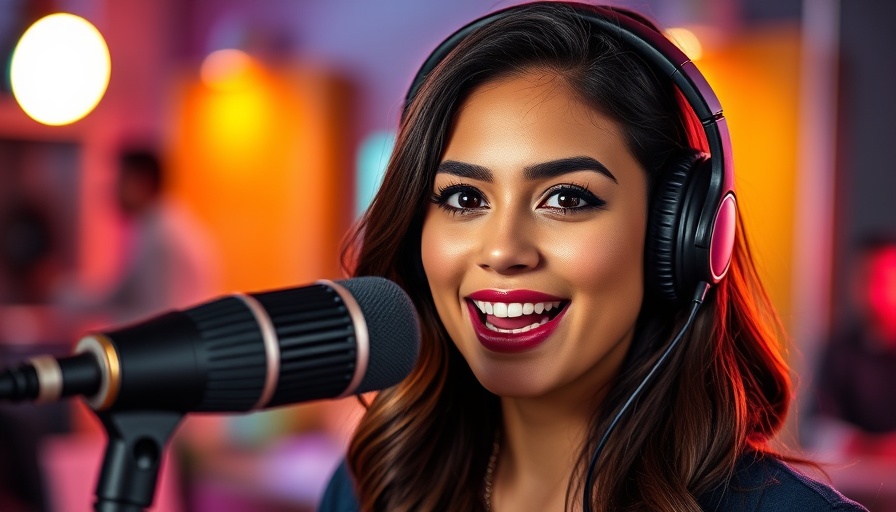 Young woman uses custom mic branding in colorful studio.