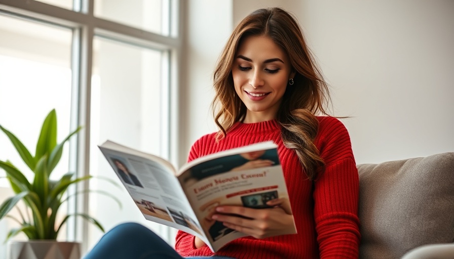 Confident woman reading magazine in vibrant indoor setting.