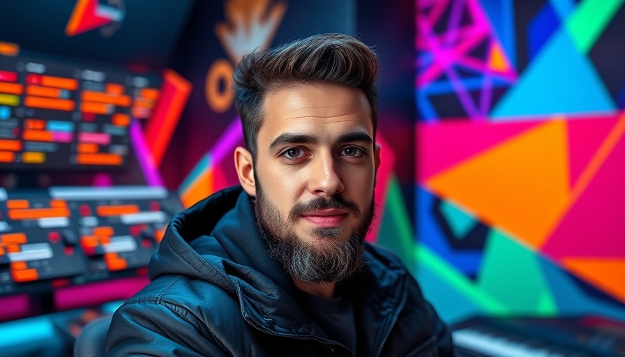 Young man with beard against colorful keyboards and geometric design; 95-5 Rule in Marketing theme.