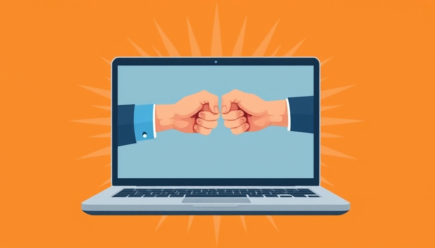 Creative illustration of a laptop with arms fist-bumping, AI workflows for marketing productivity concept.