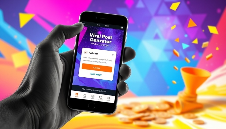 Viral Post Generator interface with abstract elements and a hand holding a phone.