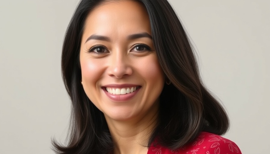Smiling woman in red blouse, medium-length hair.