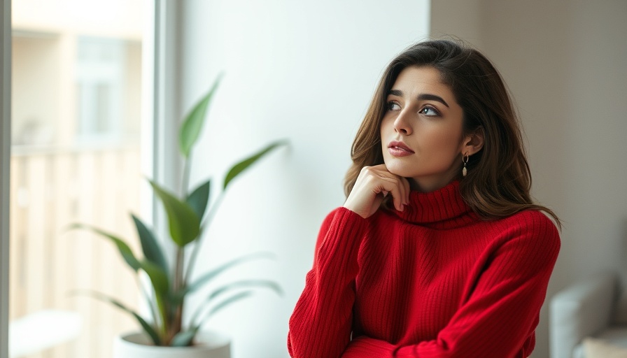 Stylish female in red sweater posing indoors with thoughtful expression