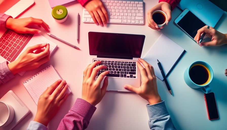 AI agents in branding and compliance theme with diverse hands and laptop on a desk.