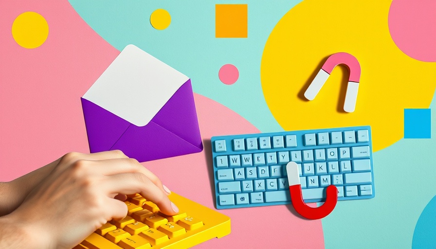 Colorful concept of newsletter growth strategies with keyboard and envelope.