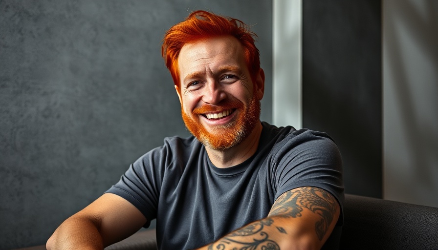 Cheerful man with red hair and tattoo in a casual setting.