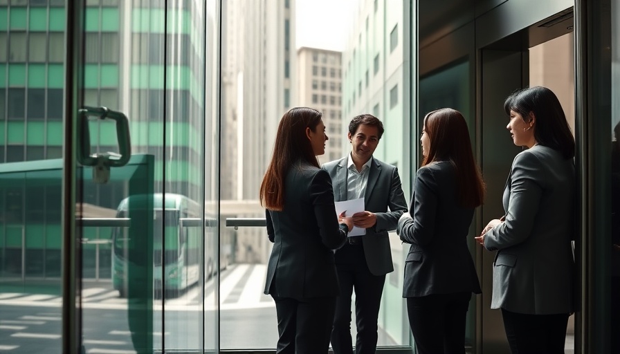 Professionals discussing sales questions in a glass elevator.
