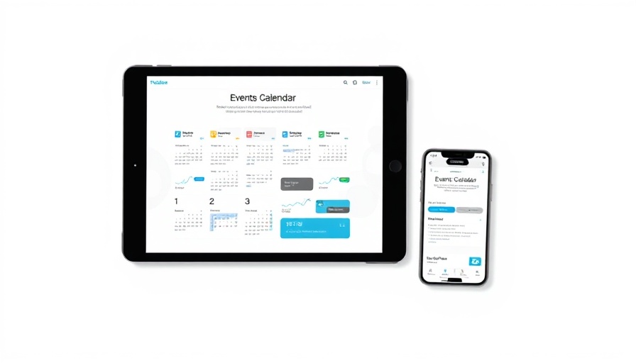 Modern Events Calendar plugin infographic on tablet and phone.