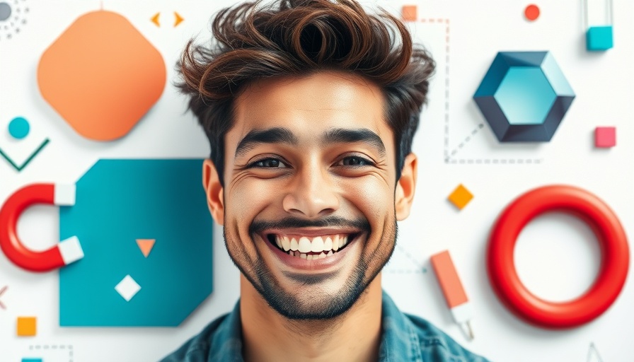 Cheerful young man with marketing graphics, showcasing behavioral science marketing strategies.