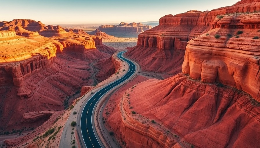 Aerial view of winding road through red desert landscape.