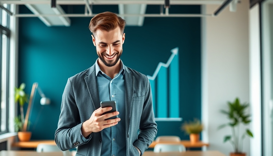 Cheerful man in office setting using smartphone, 2025 real estate social media marketing