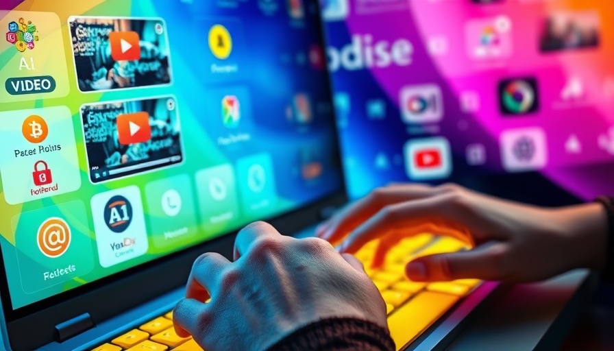 Collage of AI video tools with a typing person, vibrant digital design