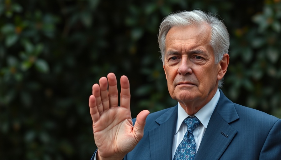 Elderly man in blue suit waving, blurred greenery background.