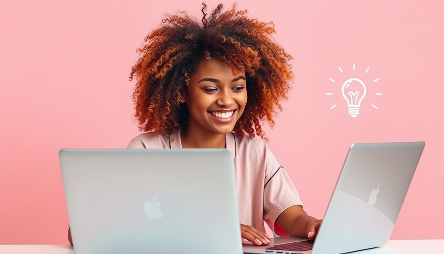 Smiling young woman using a laptop, innovative 2025 brand monitoring strategies.