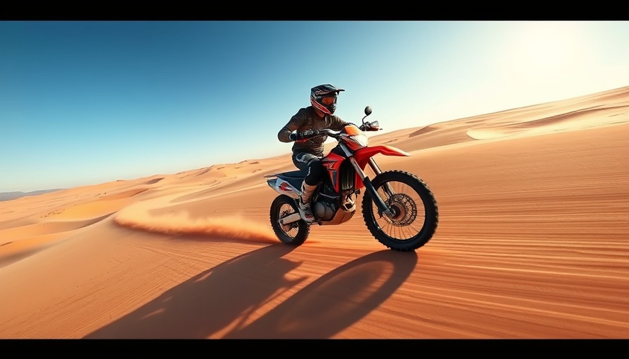 Motorcyclist demonstrating riding style and leadership in desert dunes.