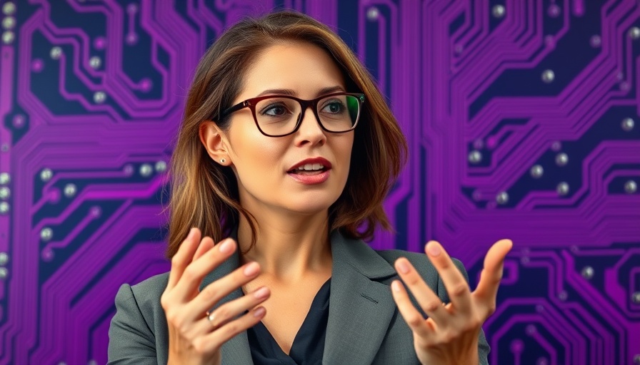 Confident woman discussing AI Ethics in Literature, vibrant purple tech backdrop.