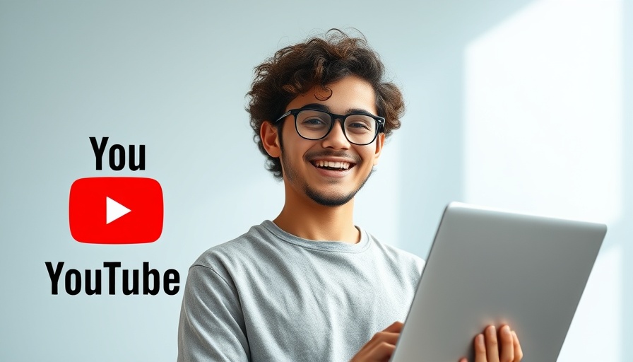 Cheerful young man with laptop next to YouTube logo, representing YouTube Pay Per View.