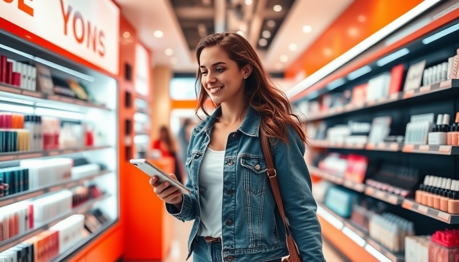 Young woman shopping in a vibrant beauty store, orange tone.