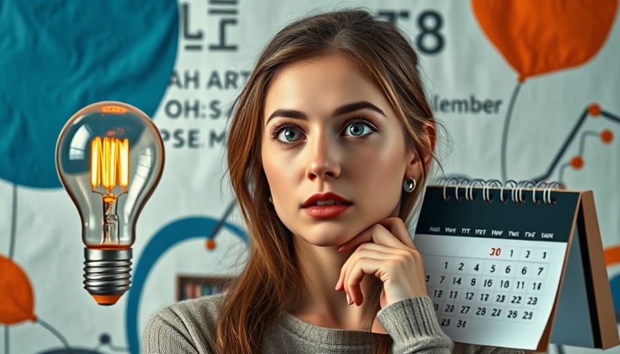 Thoughtful woman with light bulb and calendar, abstract background