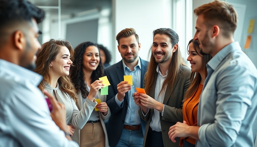 Team brainstorming AI adoption process with sticky notes in office