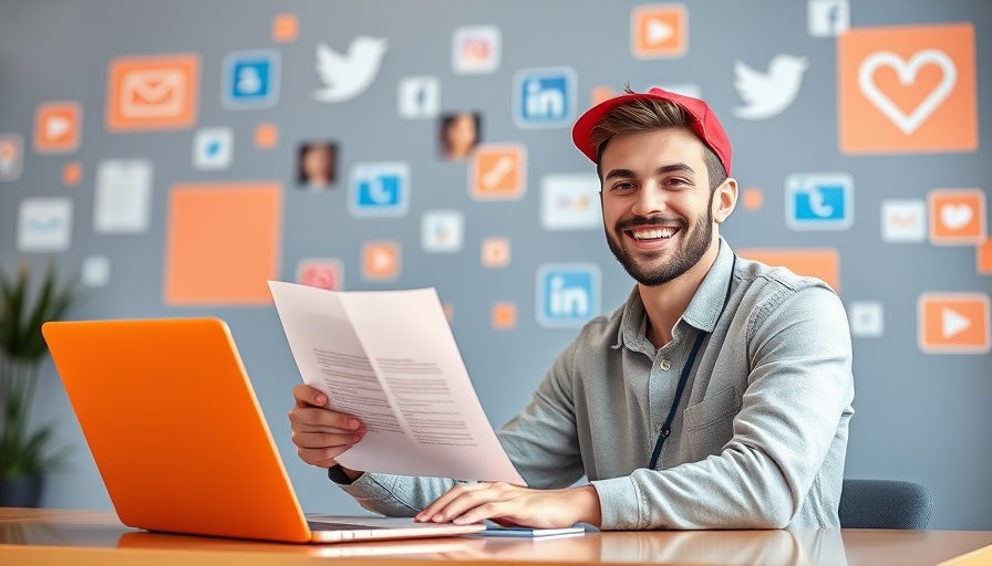 Social Media KPIs for Business Success illustrated by a young man working at a laptop.
