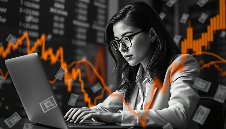 Professional woman using laptop for investment management CRMs 2025, digital finance theme.