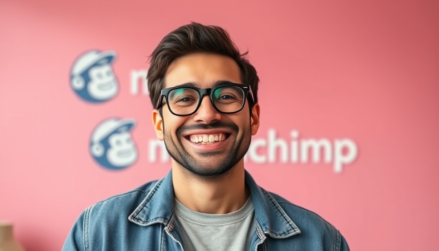 Smiling man with Mailchimp logo, content that converts.