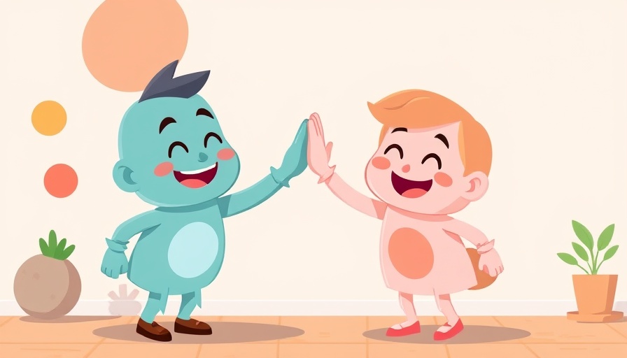 Cartoon characters high-fiving in a vibrant and fun workplace setting
