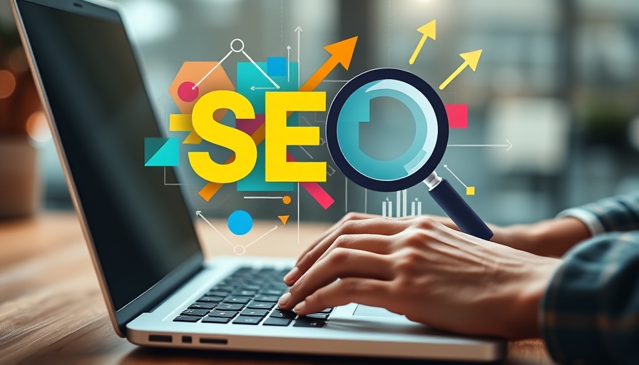 Modern digital collage with SEO graphics and person typing.
