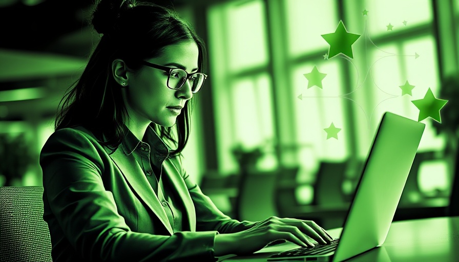 Businesswoman using a laptop in a digital art style office.