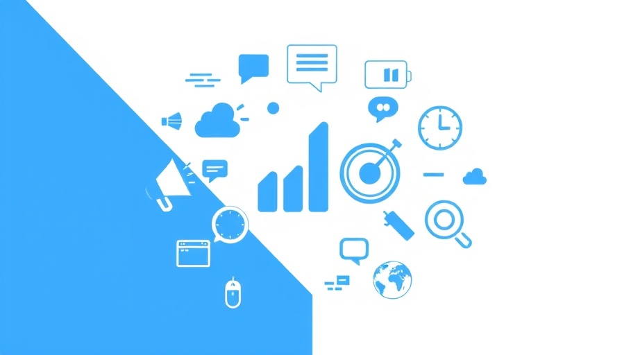 Digital marketing metric icons depicting content marketing effectiveness metrics on blue and white background.