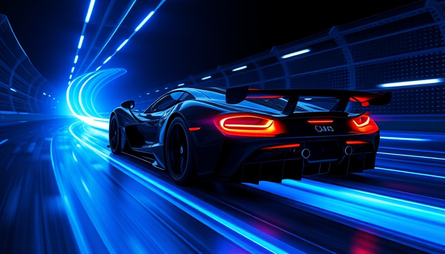 Sleek racing car with blue trails in a dynamic futuristic setting.