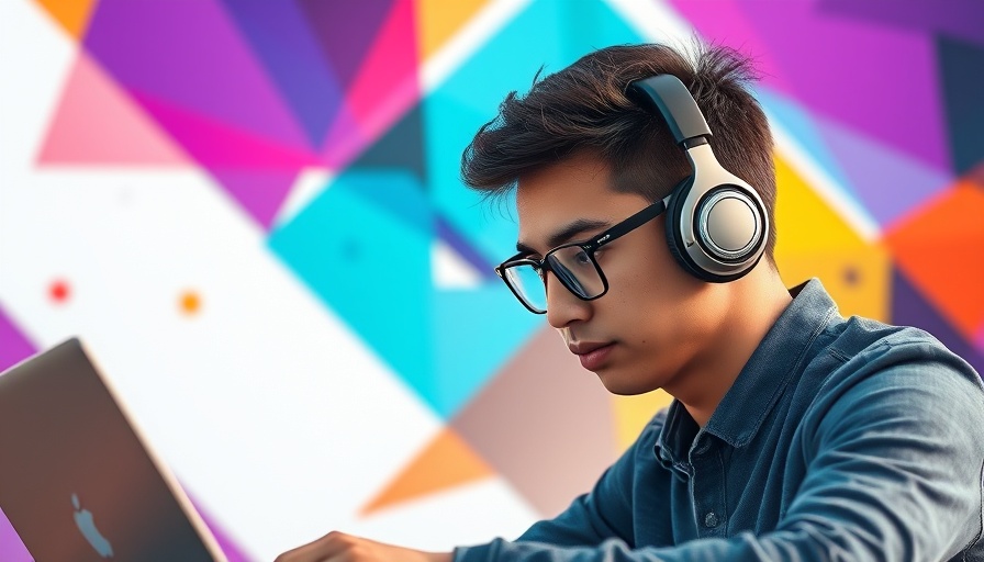 Young man using laptop with abstract design, learning how to add HTML embed codes.