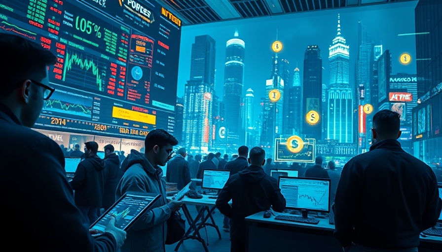 Futuristic stock market scene with cryptocurrency charts and traders, reflecting a cryptocurrency investment surge in 2025.