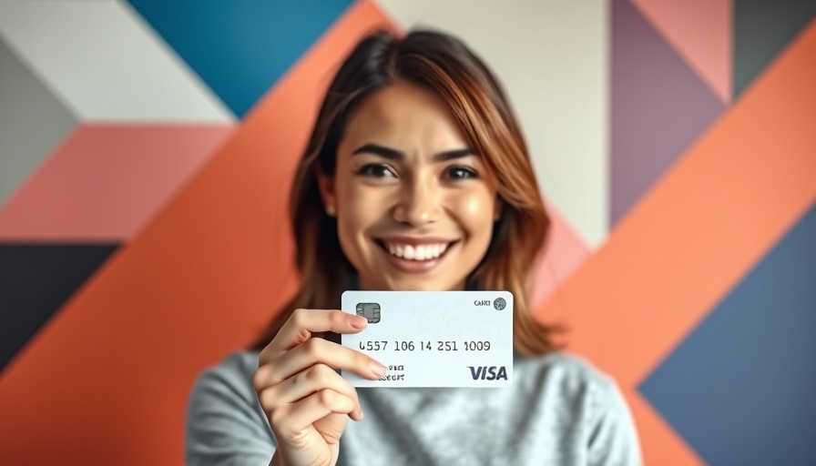 Smiling woman holding credit card against colorful background.